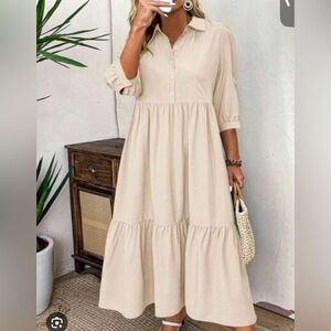 Casual Cream Polo Collar Sundress with Tiered Design